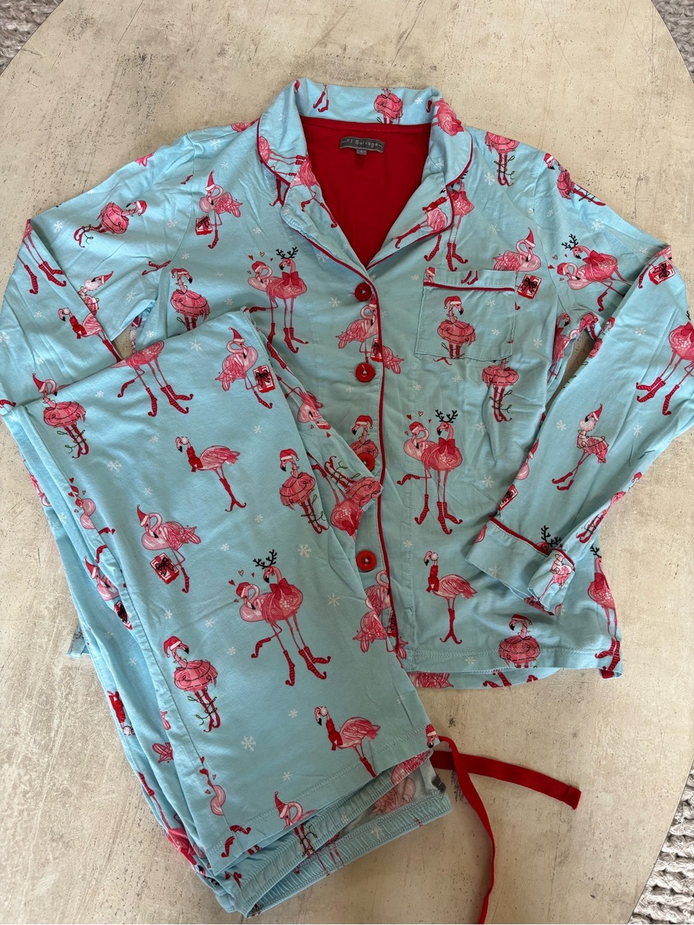 PJ Salvage Blue Flamingo Print Pajama Set with Red Trim